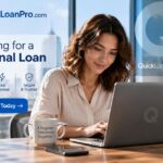 A woman works on a laptop in an office as an overlay promotes QuickLoanPro, highlighting a simple personal loan application, fast approval, and secure service for borrowing money.