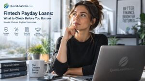 A woman sits at a desk with a laptop, a mug, and books, accompanied by the QuickLoanPro logo and tips on fintech payday loans.