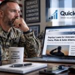 A soldier in uniform sits at a desk looking at a laptop displaying a QuickLoanPro webpage about payday loans for veterans, including information on costs, risks, and safer alternatives.