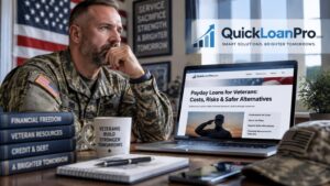 A soldier in uniform sits at a desk looking at a laptop displaying a QuickLoanPro webpage about payday loans for veterans, including information on costs, risks, and safer alternatives.