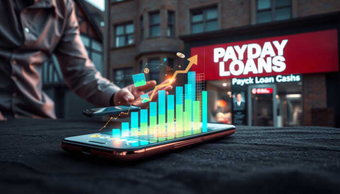 Smartphone displaying an app-based short-term cash advance alongside financial data and a traditional payday lending storefront