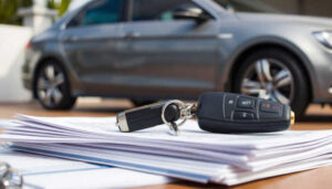 Car keys resting on a stack of car loan collateral documents with a gray car in the background.