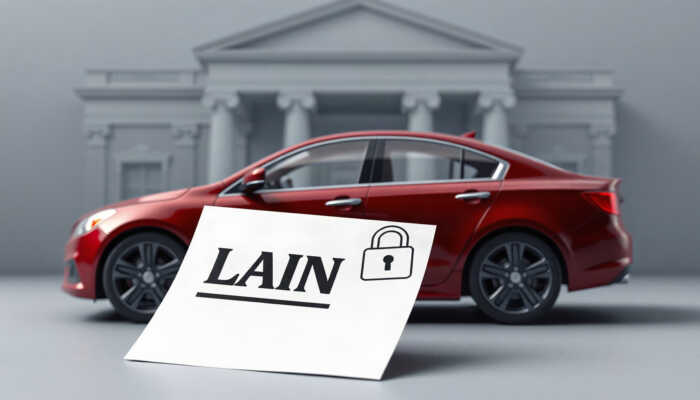 Illustration of a car with a legal document and lock symbol, representing a vehicle-secured loan, with a bank building in the background and a faint lien outline on the car title.