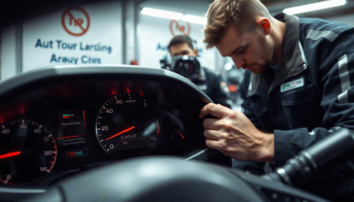Close-up of a car's dashboard showing the odometer, accident history report, and pricing guide, with a mechanic inspecting the vehicle in a garage, highlighting the assessment and valuation process.