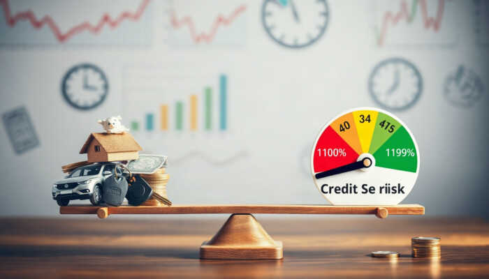 A scale balancing collateral items like a car and house keys on one side, and a credit score meter with color-coded sections representing interest rates on the other, set against a background of financial symbols.