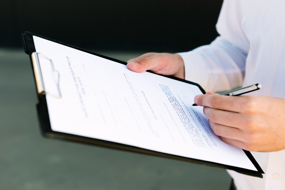A person holding a clipboard with a document on payday loans and a pen.