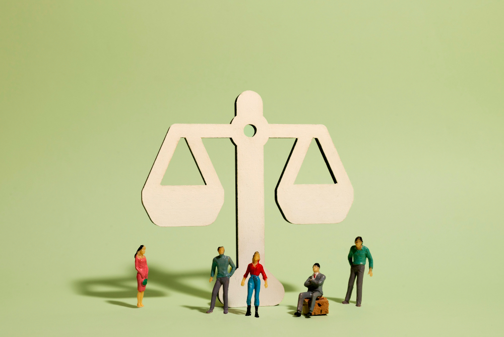 Miniature figures beside a symbolic balance scale on a green background representing payday loans.