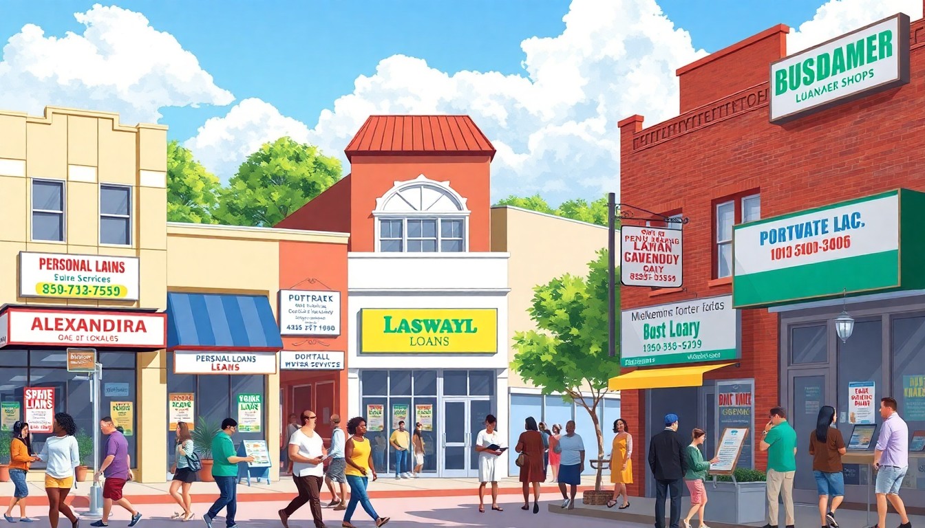 A street scene unfolds with people strolling past colorful storefronts like Laswayl Loans and QuickLoanPro. Advertisements for personal and payday loans are prominently displayed on windows and walls, enticing passersby with quick cash solutions.