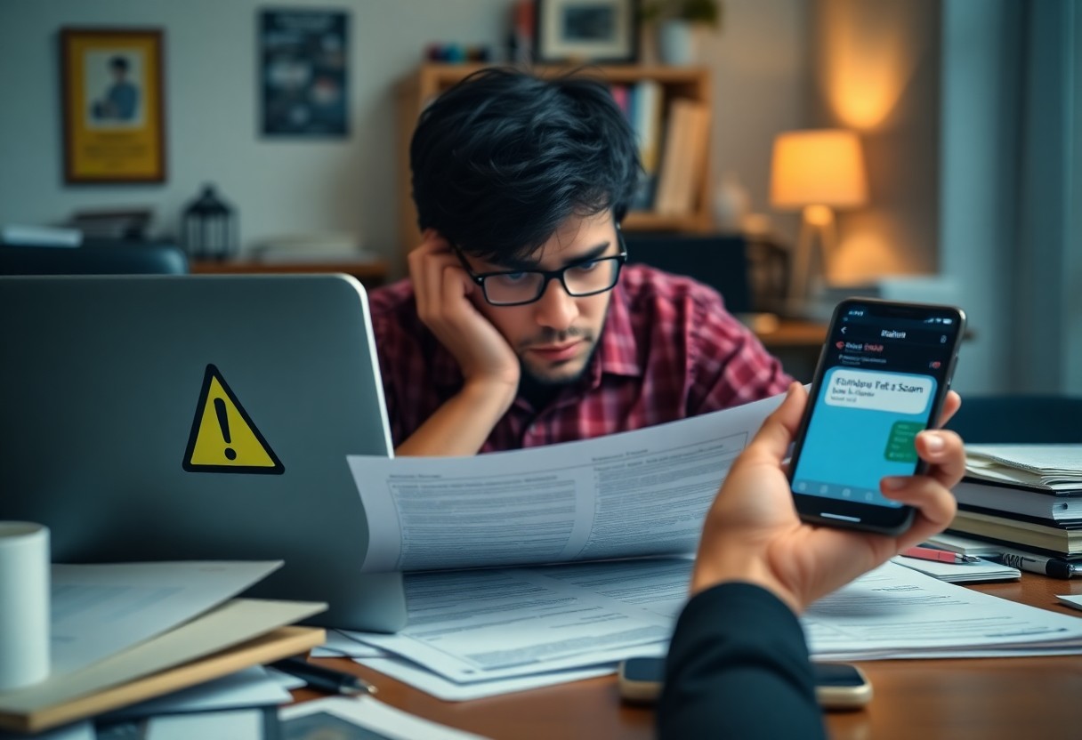 A man with glasses looks stressed while reading papers at a desk. He is surrounded by stacks of documents and has a laptop with a warning sticker. Another person hands him a smartphone with a fraud alert displayed on the screen.