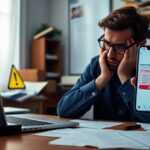 A man sits at a cluttered desk with papers, looking frustrated. He holds up a smartphone displaying a scam alert. A laptop is open in front of him, and a caution sign is visible in the background. The room is dimly lit.