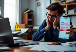 A man sits at a cluttered desk with papers, looking frustrated. He holds up a smartphone displaying a scam alert. A laptop is open in front of him, and a caution sign is visible in the background. The room is dimly lit.