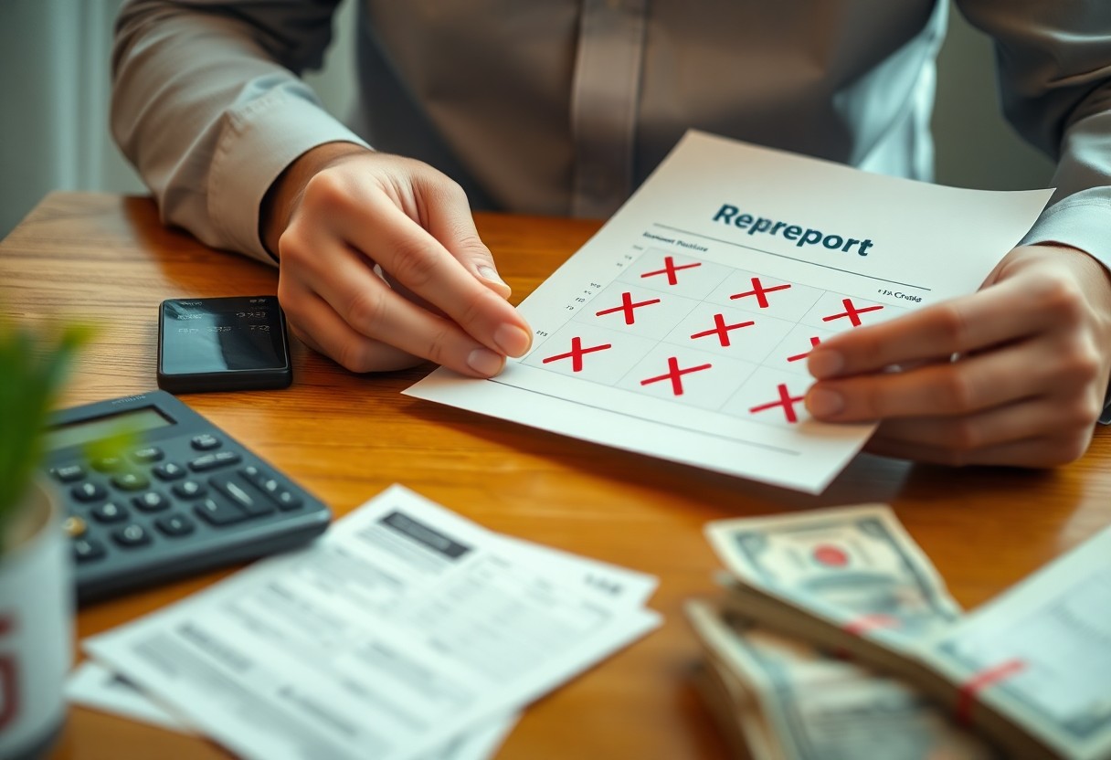A person holds a financial report marked with red Xs at a wooden table. Nearby are a calculator, a smartphone, scattered dollar bills, and printed documents. A small plant is partially visible in the foreground.