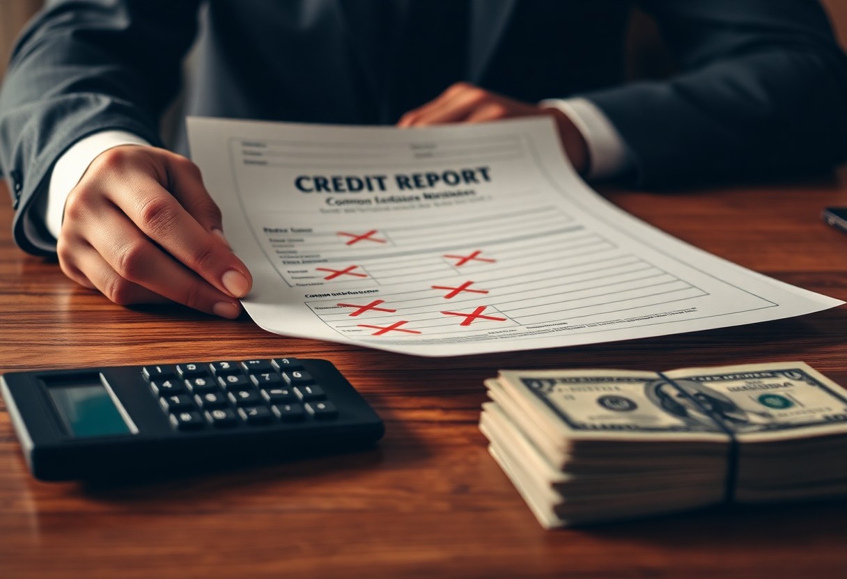 A person in a suit holds a credit report with red crosses on it. A calculator and a stack of hundred-dollar bills are on the wooden table in front of them. The setting suggests a discussion related to finance or credit evaluation.