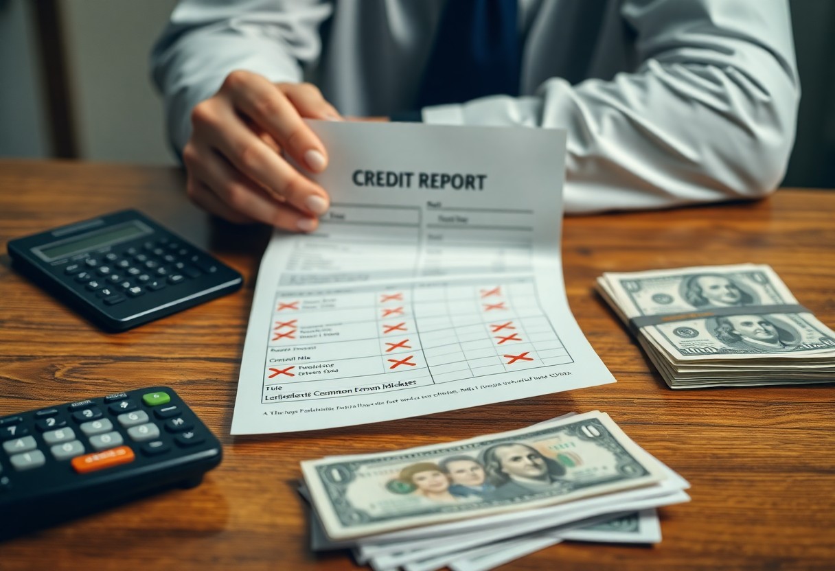 A person holds a credit report with multiple red X marks. The report is placed on a wooden table alongside stacks of U.S. dollar bills and a black calculator. The person wears a white shirt and a dark tie.