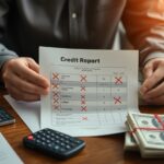 A person holding a credit report marked with several red Xs. The desk features two calculators, a coffee cup, a pen, and stacks of hundred-dollar bills. The setting suggests financial analysis or credit review.