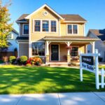 A two-story house with beige siding and white trim, featuring a covered porch. The front yard is neatly landscaped with flowers and shrubs, showcasing the benefits of homeownership. A black and white "For Sale" sign graces the green lawn under a clear blue sky.