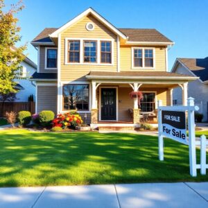 A two-story house with beige siding and white trim, featuring a covered porch. The front yard is neatly landscaped with flowers and shrubs, showcasing the benefits of homeownership. A black and white "For Sale" sign graces the green lawn under a clear blue sky.