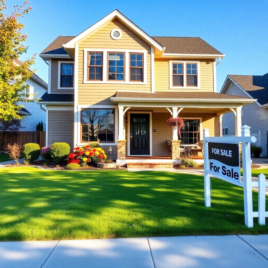 A two-story house with beige siding and white trim, featuring a covered porch. The front yard is neatly landscaped with flowers and shrubs, showcasing the benefits of homeownership. A black and white "For Sale" sign graces the green lawn under a clear blue sky.