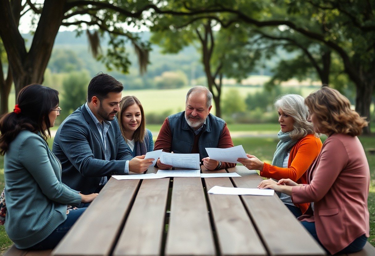 A group of six adults sit around a wooden picnic table outdoors, reviewing documents. Trees and greenery are visible in the background. The people appear engaged in discussion, with varied expressions focused on the papers.