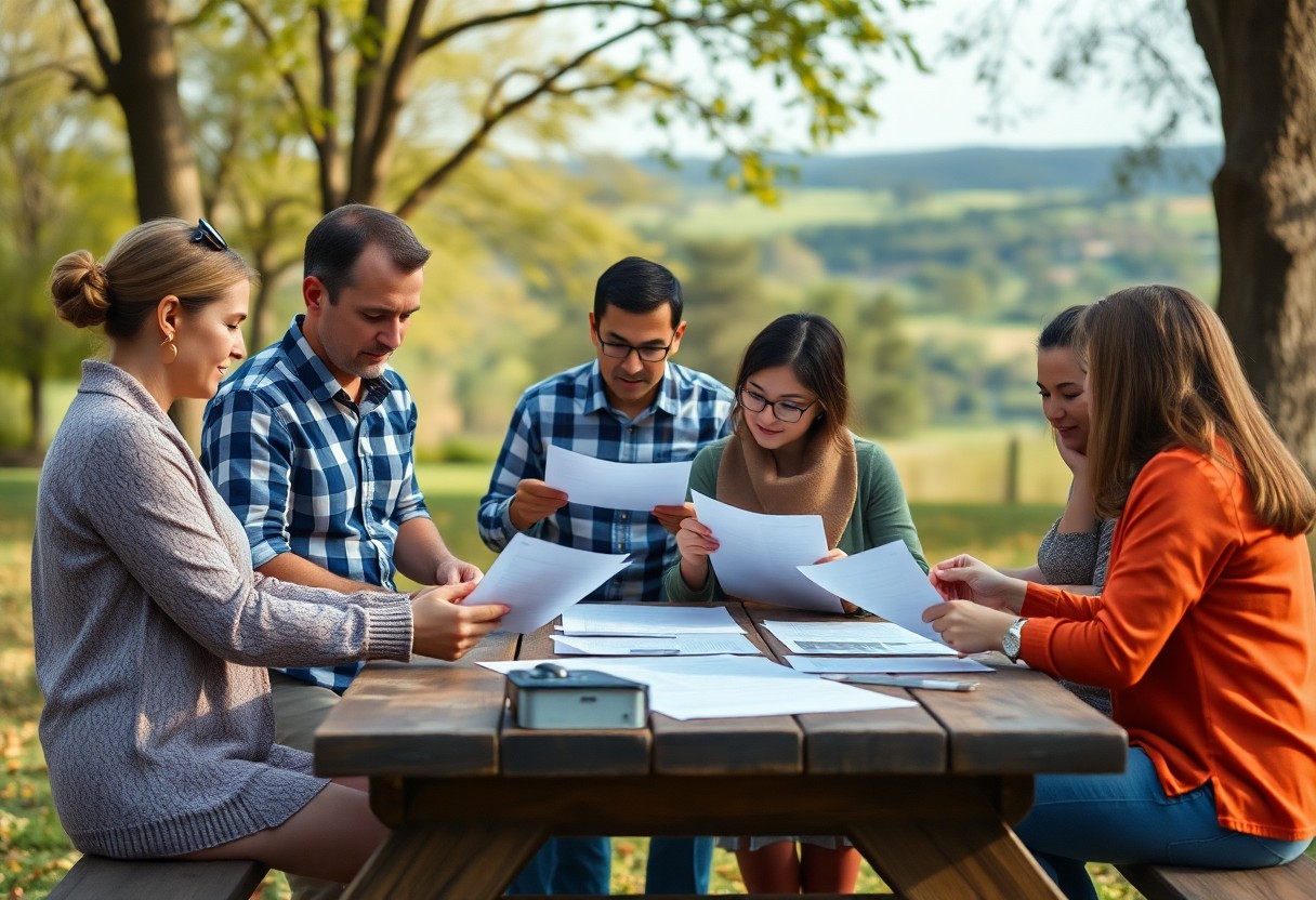 Six people sit around a wooden picnic table outdoors, reviewing paper documents. The scene is set in a park with trees and green landscape in the background. The individuals appear engaged in a discussion.