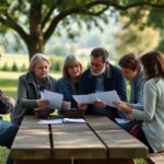 A group of people sits at a wooden picnic table in a park, examining documents. The group includes three women and three men, all dressed casually. Trees and greenery surround them, creating a peaceful outdoor setting.