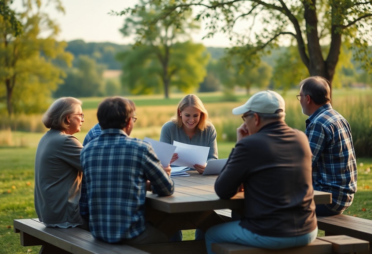 A group of five adults sits at a wooden picnic table outdoors in a park. They are engaged in a discussion, with papers and a laptop on the table. Trees and greenery surround them, and sunlight filters through the leaves.