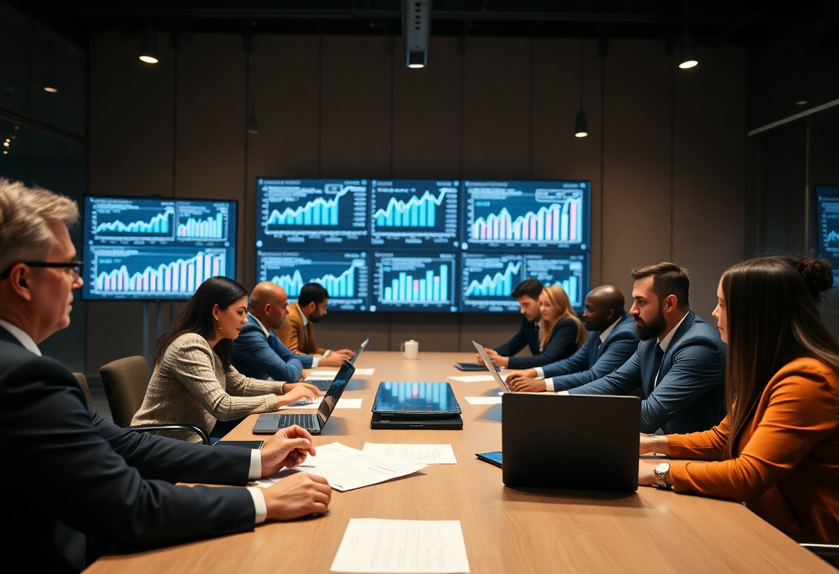 A group of people in business attire sit around a conference table with laptops and documents. Multiple large screens on the wall display various charts and graphs. The room has a professional setting.