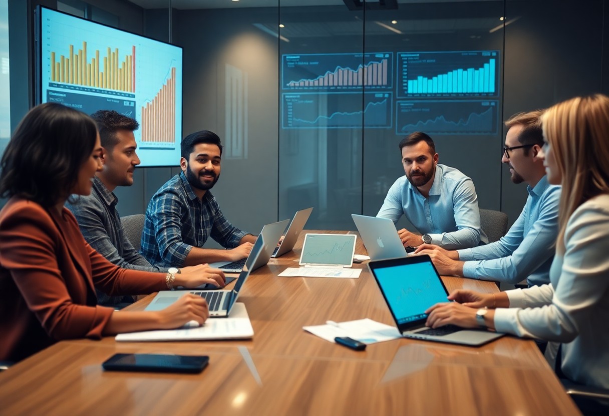 A group of six people sit around a conference table with laptops and documents. Wall displays show various charts and graphs. They appear to be engaged in a business meeting in a modern office setting.