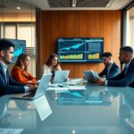 Five professionals sit around a conference table in a modern office. They are reviewing documents, with laptops open. Two screens display various graphs and charts. The room has glass walls and a view of a city skyline.