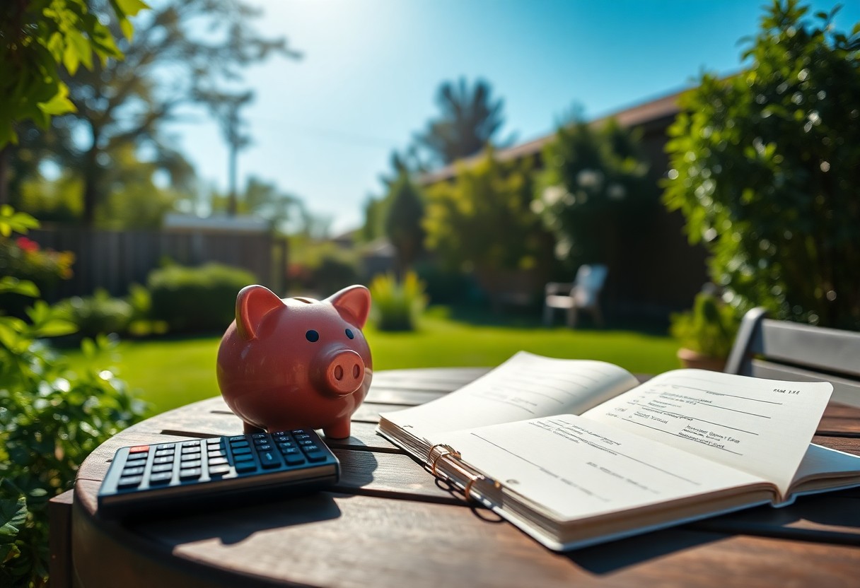 A pink piggy bank, a calculator, and an open binder rest on a wooden table outdoors. The background features a lush green garden with trees and bushes, under a clear blue sky. Sunlight casts soft shadows on the table.