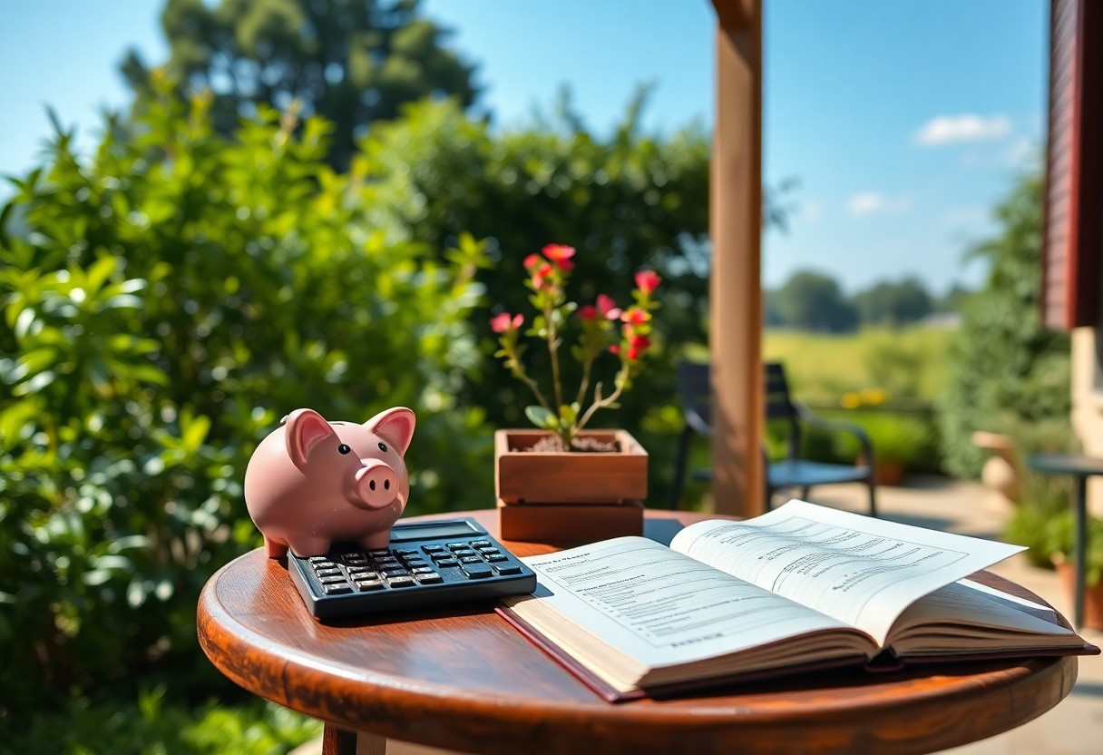 A pink piggy bank, a calculator, and an open notebook sit on a round wooden table outdoors. A small potted plant is also on the table. In the background, there's greenery and a lawn, suggesting a garden setting on a sunny day.