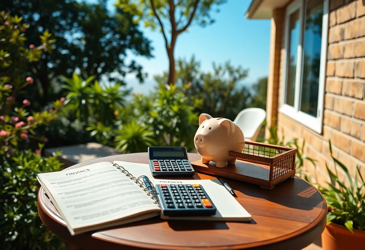 A round wooden table outdoors holds an open finance book, two calculators, and a piggy bank in a basket. The background shows greenery and part of a brick building.