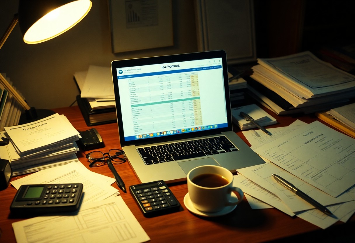 A desk with a laptop displaying tax forms, surrounded by papers, a calculator, a lamp, a cup of coffee, and a pair of glasses. The setting suggests someone working on financial or tax-related tasks.