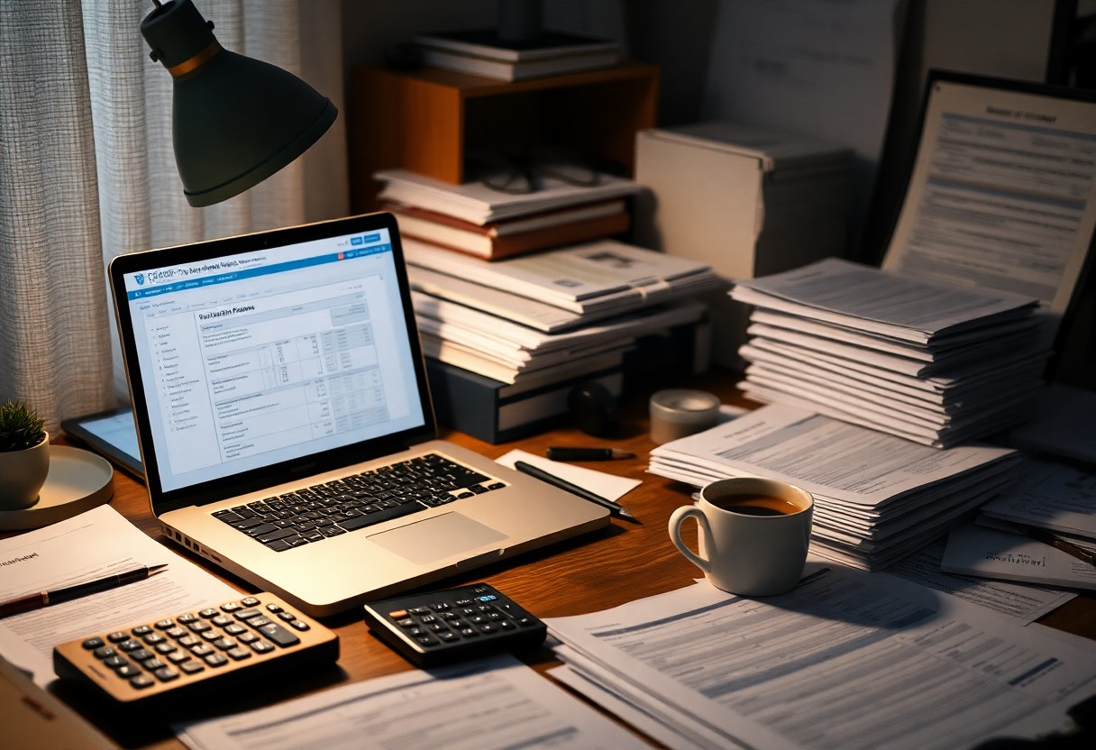 A cluttered desk with a laptop displaying financial spreadsheets, surrounded by stacks of documents, a calculator, a lamp, a coffee cup, and a small plant near a curtained window. The scene suggests a busy workspace.