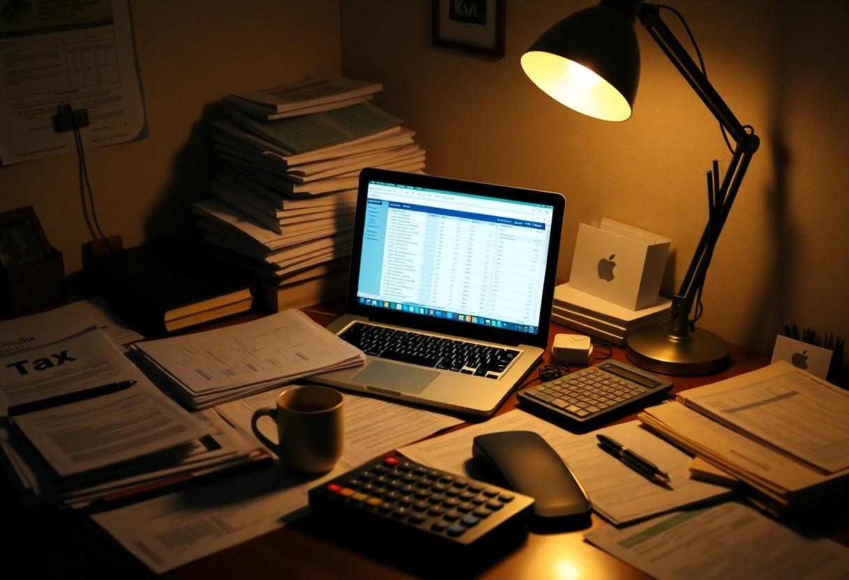 A dimly lit workspace features a laptop displaying a spreadsheet, surrounded by stacks of papers, tax documents, a calculator, a mouse, a coffee mug, and a desk lamp casting a warm glow.