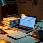 A cluttered desk with stacks of papers, an open laptop displaying a spreadsheet, a calculator, and a coffee mug. A desk lamp illuminates the scene. The background has more papers attached to the wall.