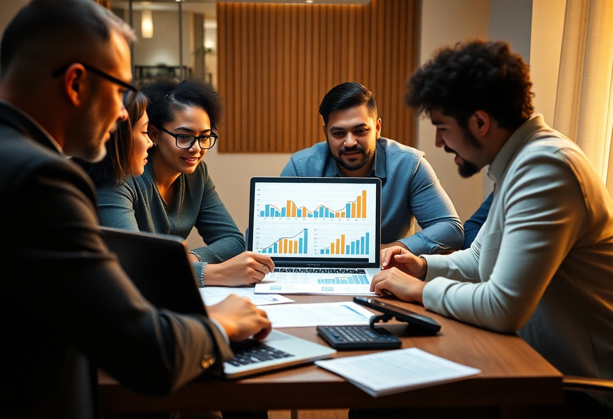 Five people sit around a table in an office setting, discussing a laptop displaying colorful bar charts and graphs. Papers and a calculator are on the table. The atmosphere appears collaborative and focused.