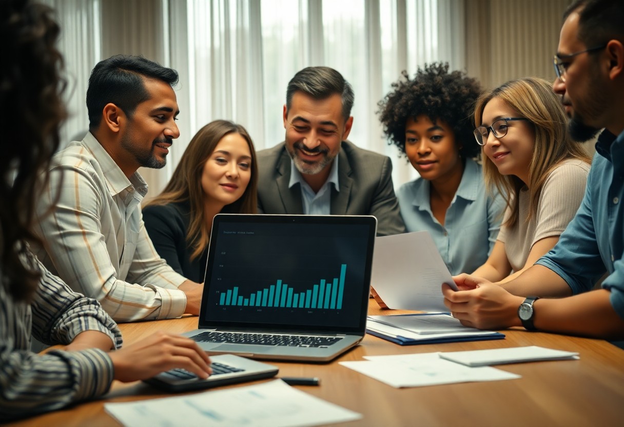 A diverse group of seven people are gathered around a wooden table in an office setting. They are attentively reviewing documents and a laptop screen displaying a bar graph. Natural light filters through a window with sheer curtains.