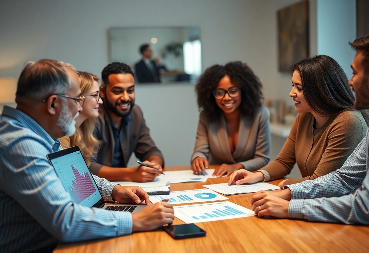 A group of six people sit around a wooden table in a meeting room, discussing documents with graphs and charts. A laptop shows a bar chart. They appear engaged in conversation, with more documents spread across the table.