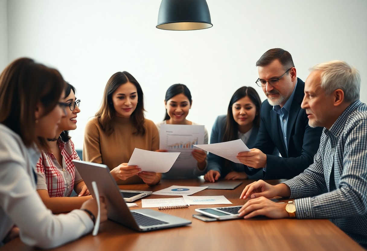 A group of seven people sit around a wooden table in a meeting room. They are reviewing documents and a laptop is open. Papers and charts are spread on the table. A hanging lamp provides light above them.