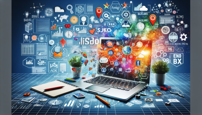 A laptop showing a financial tips blog, surrounded by SEO, backlinks, and social media icons.