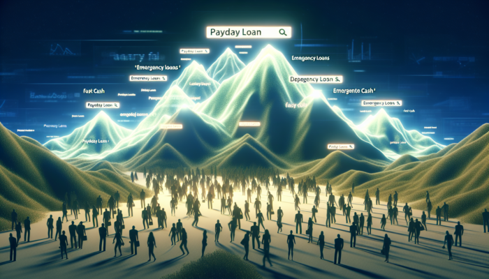 Payday loan websites on search engine results with glowing keywords like "emergency loans" and "fast cash" attracting urgent searchers.