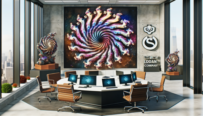 A modern office with a screen showing a financial education blog, surrounded by payday loan logos, symbolizing trust and authority.