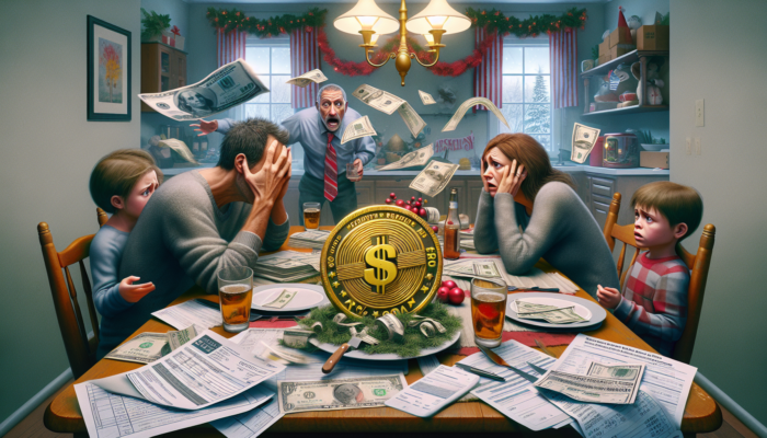 Stressed American family reviewing high holiday bills, considering high-interest payday loan.
