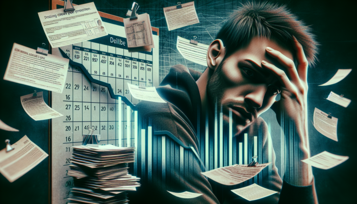 Person in distress with overdue bills, missed loan payments, declining credit scores, and blocked credit options.