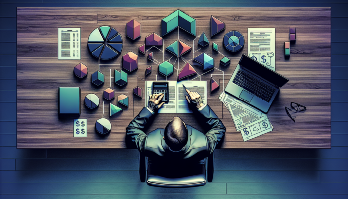 Person at desk comparing loan interest rates for debt consolidation using calculator and laptop.