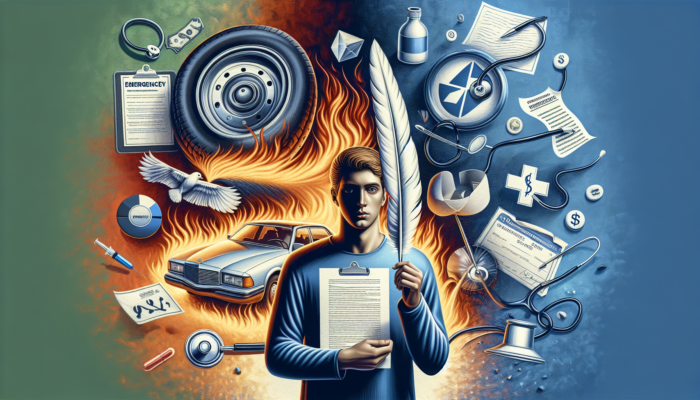 Person holding payday loan document, relieved, with emergency symbols like broken car and medical bills in background.