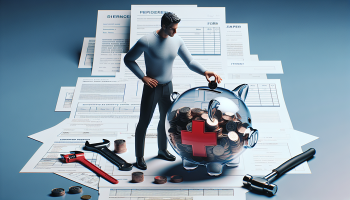 A person adding coins to an "Emergency Fund" piggy bank, with medical bills, car repairs, and job loss notices in the background.