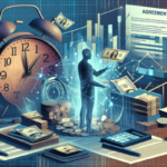 A surreal scene unfolds, featuring a stand of books, a stack of coins, and loose dollar bills encircling a silhouetted figure. In the background, an oversized clock ticks toward March while an agreement document stands beside digital graphs promising quick financial relief.