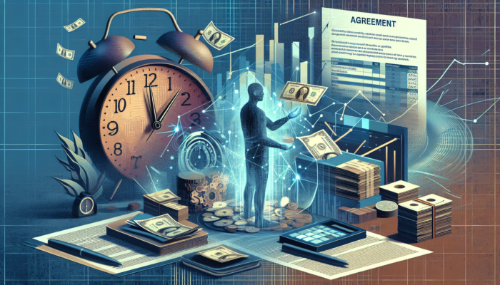 A surreal scene unfolds, featuring a stand of books, a stack of coins, and loose dollar bills encircling a silhouetted figure. In the background, an oversized clock ticks toward March while an agreement document stands beside digital graphs promising quick financial relief.